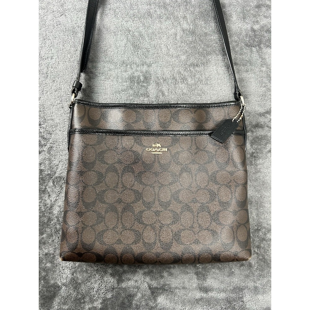 Coach Signature Brown Black PVC Leather Crossbody Messenger Bag Zip Top Purse